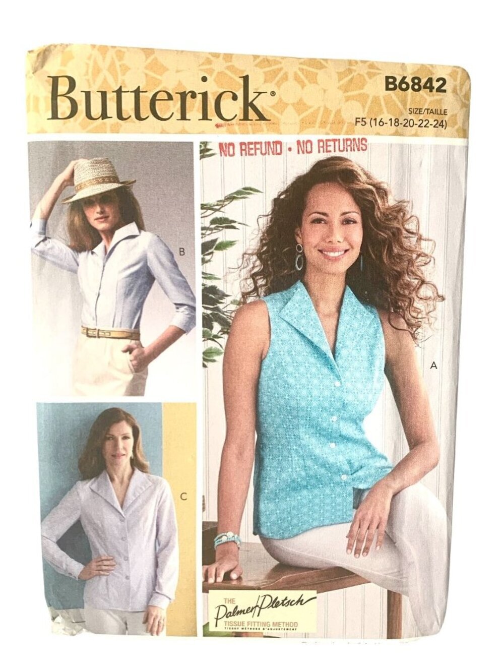 Butterick B6842 Pattern Misses Shirts Fold Back Collar Sizes Uncut Size 16 18 20